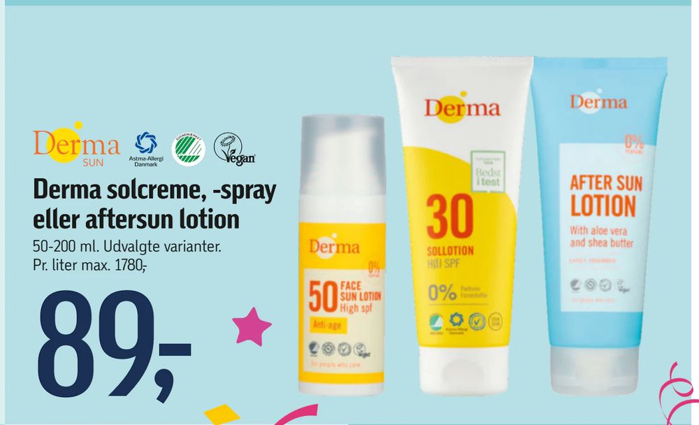 Tilbud på Derma solcreme, -spray eller aftersun lotion fra føtex til 89 kr.