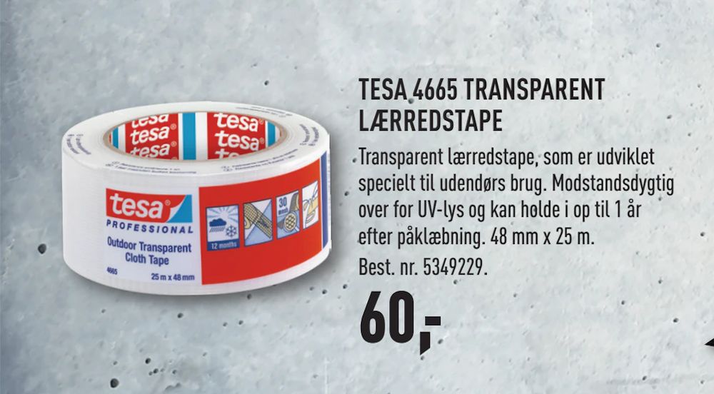 Tilbud på TESA 4665 TRANSPARENT LÆRREDSTAPE fra Fog Trælast & Byggecenter til 60 kr.