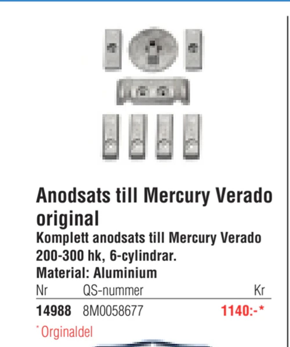 Erbjudanden på Anodsats till Mercury Verado original från Erlandsons Brygga för 1 140 kr