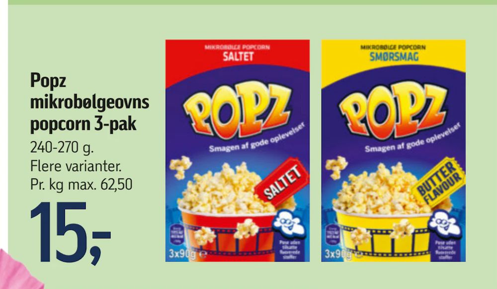 Tilbud på Popz mikrobølgeovns popcorn 3-pak fra føtex til 15 kr.