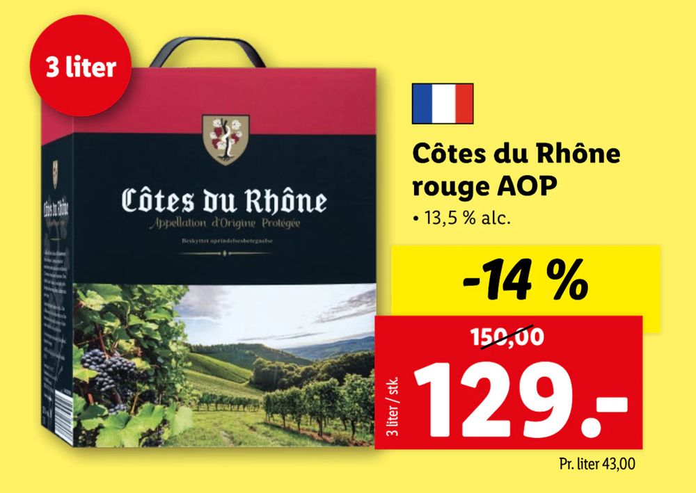 Tilbud på Côtes du Rhône rouge AOP fra Lidl til 129 kr.