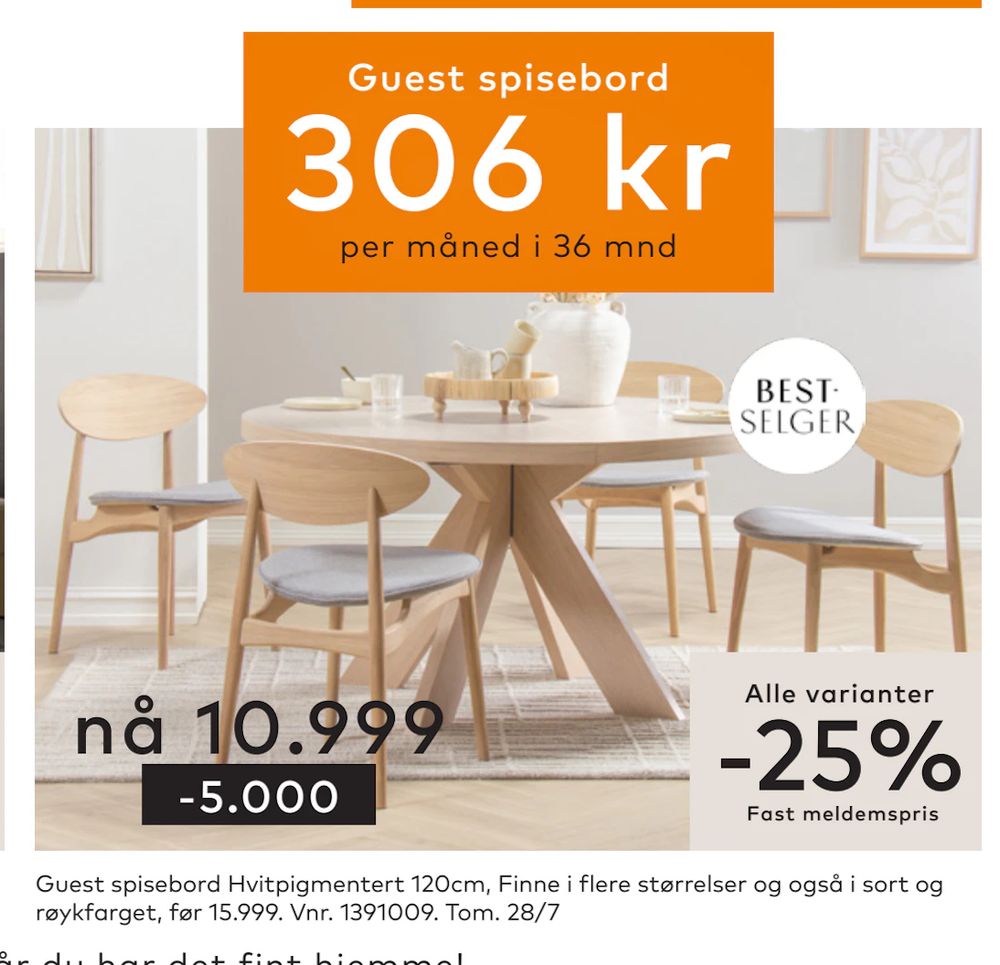 Tilbud på Guest spisebord Hvitpigmentert 120cm fra Skeidar til 10 999 kr