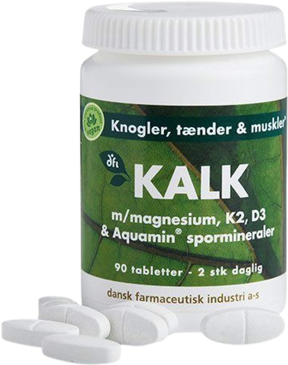 Tilbud på KALK m. magnesium, K2, D3 & spormineraler (Grønne dfi vitaminer) fra Helsam til 127 kr.