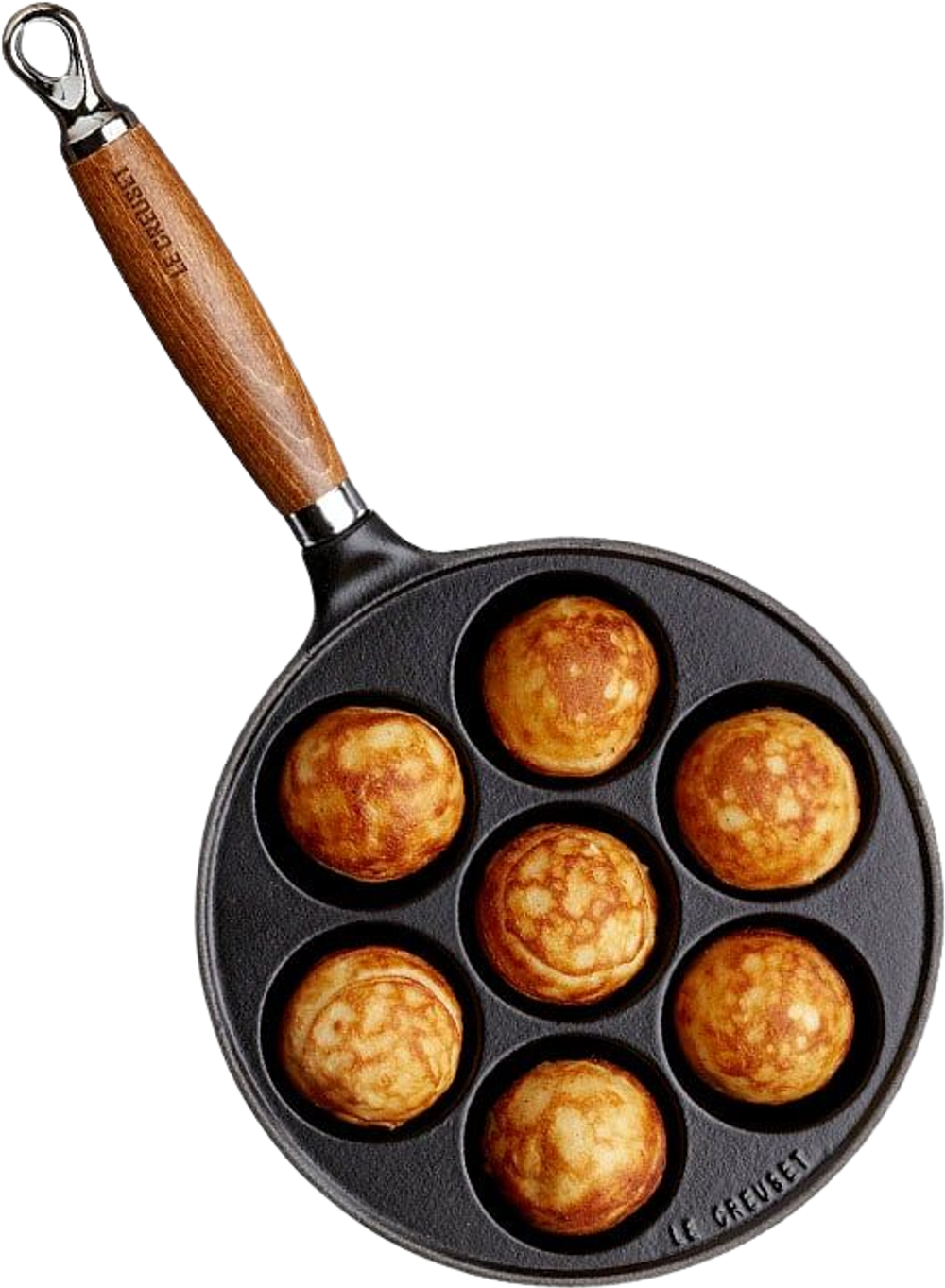 Tilbud på Le Creuset æbleskivepande med træhåndtag 20 cm fra Kop & Kande til 899,95 kr.