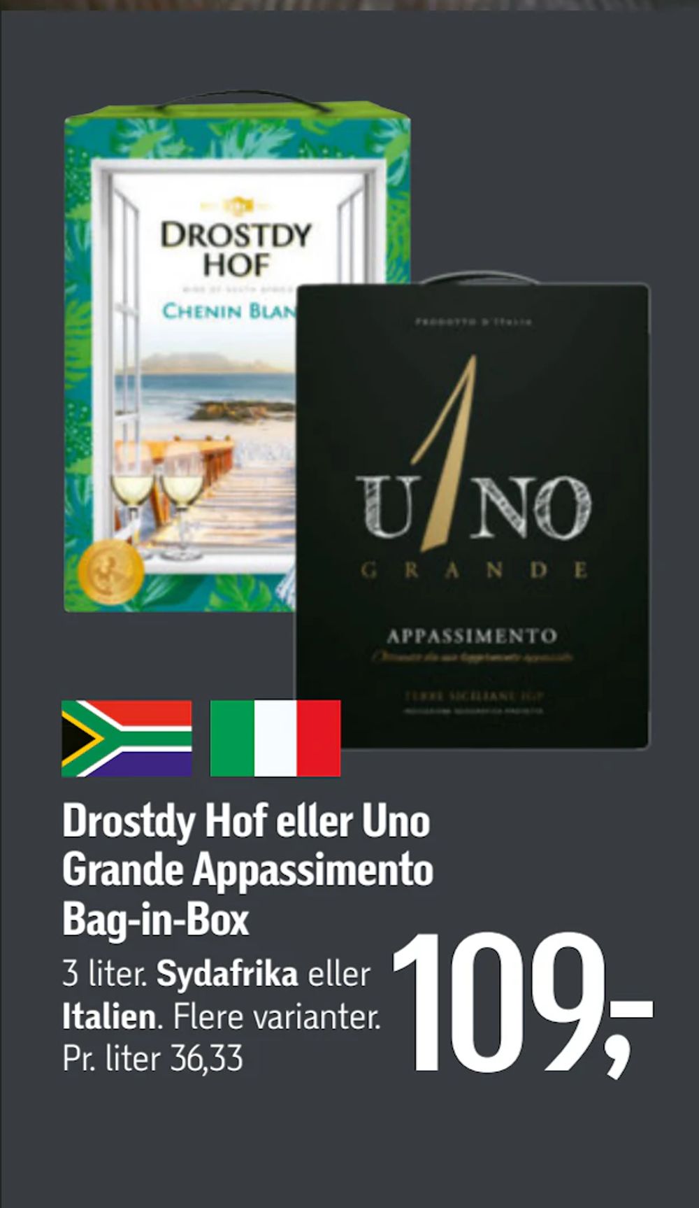 Tilbud på Drostdy Hof eller Uno Grande Appassimento Bag-in-Box fra føtex til 109 kr.