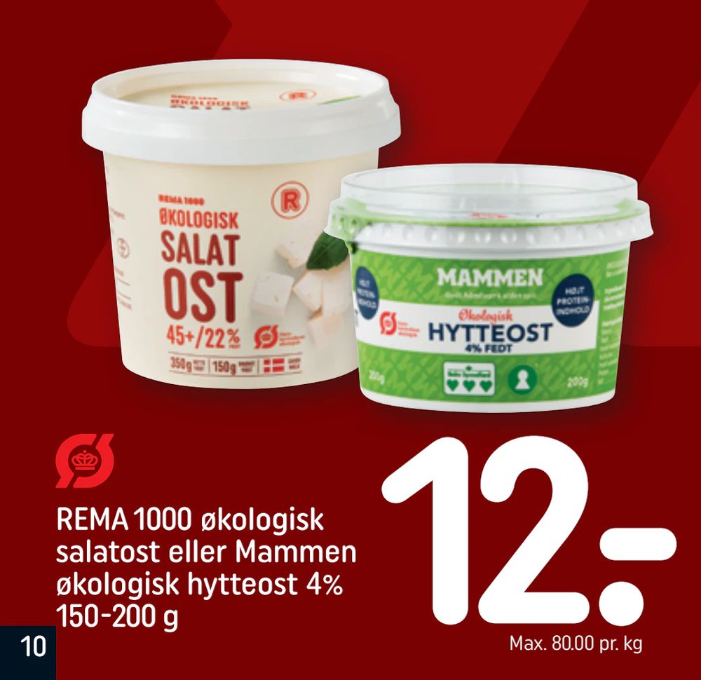 Tilbud på REMA 1000 økologisk salatost eller Mammen økologisk hytteost 4% 150-200 g fra REMA 1000 til 12 kr.