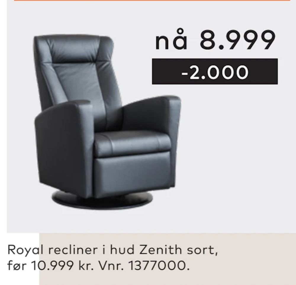 Tilbud på Royal recliner i hud Zenith sort fra Skeidar til 8 999 kr