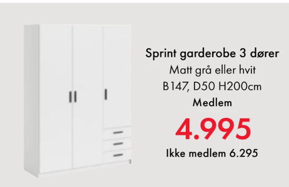 Tilbud på Sprint garderobe 3 dører fra Fagmøbler til 6 295 kr