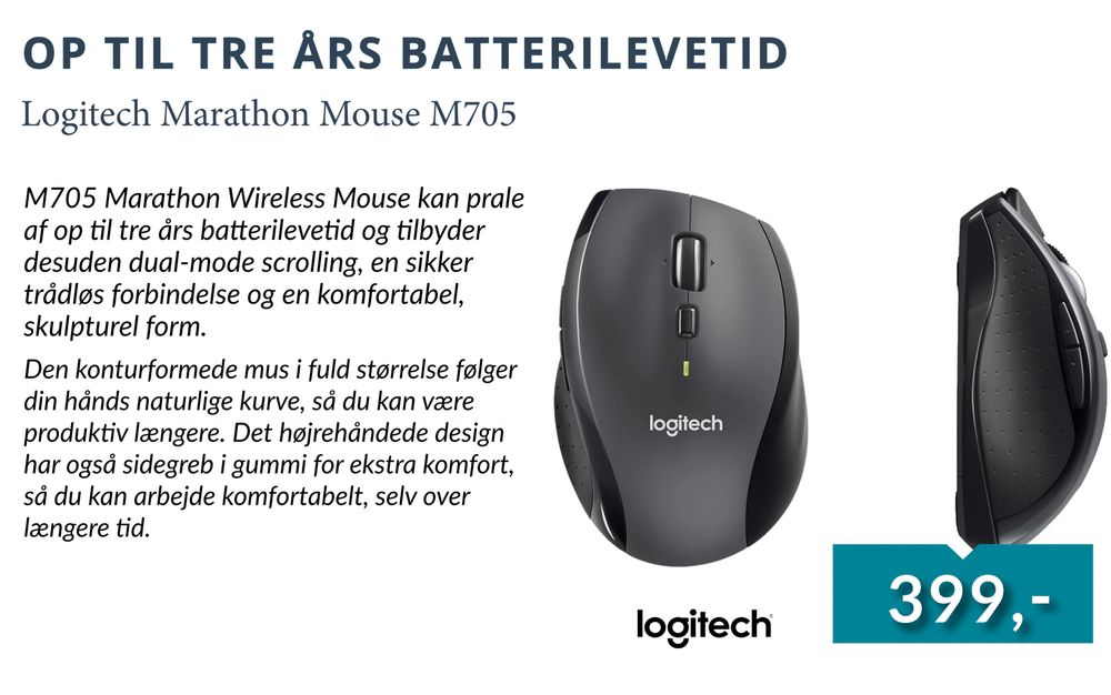 Tilbud på Logitech Marathon Mouse M705 fra CBC IT til 399 kr.