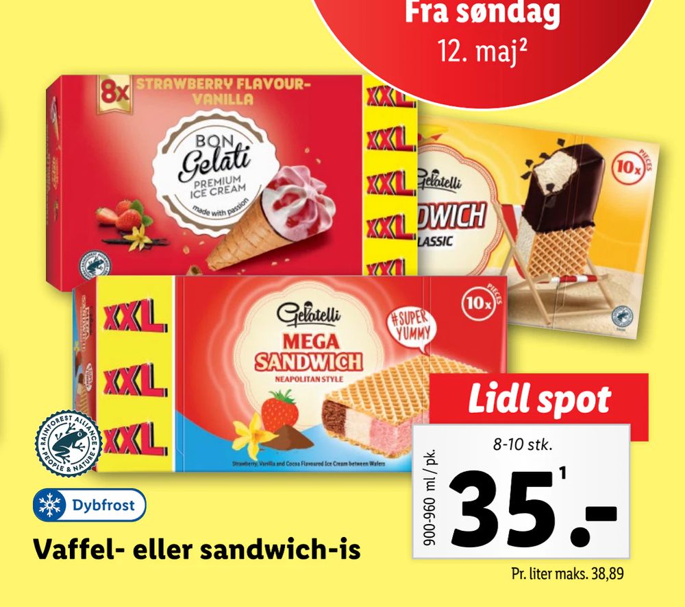 Tilbud på Vaffel- eller sandwich-is fra Lidl til 35 kr.