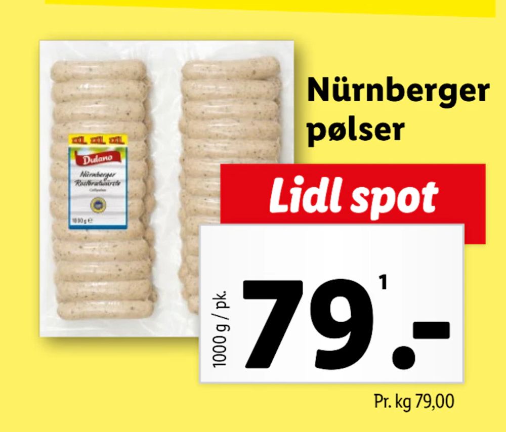 Tilbud på Nürnberger pølser fra Lidl til 79 kr.