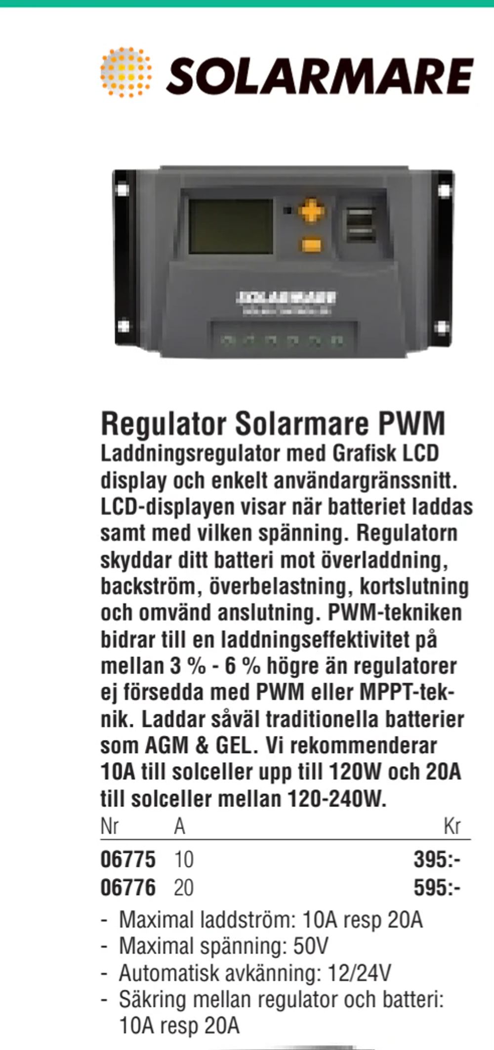 Erbjudanden på Regulator Solarmare PWM från Erlandsons Brygga för 395 kr