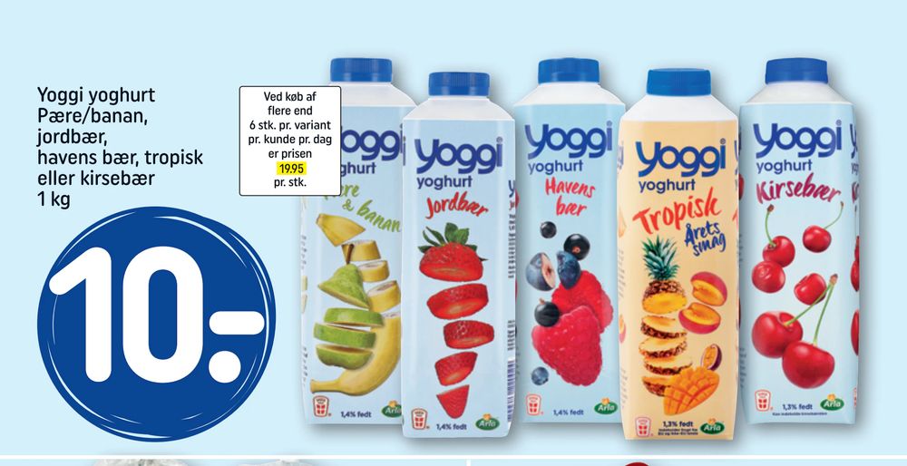 Tilbud på Yoggi yoghurt Pære/banan, jordbær, havens bær, tropisk eller kirsebær 1 kg fra REMA 1000 til 10 kr.