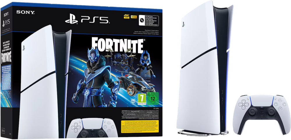 Tilbud på PS5 Slim Digital Fortnite Bundle fra Elgiganten til 2.999 kr.