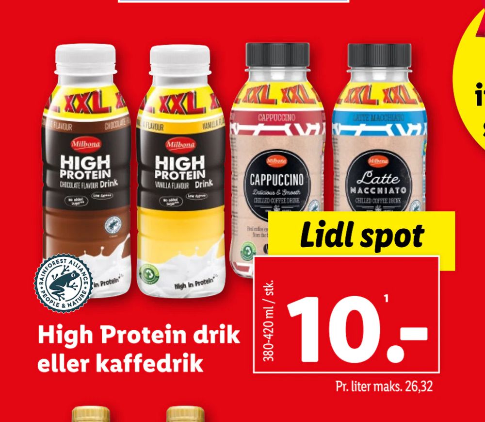 Tilbud på High Protein drik eller kaffedrik fra Lidl til 10 kr.
