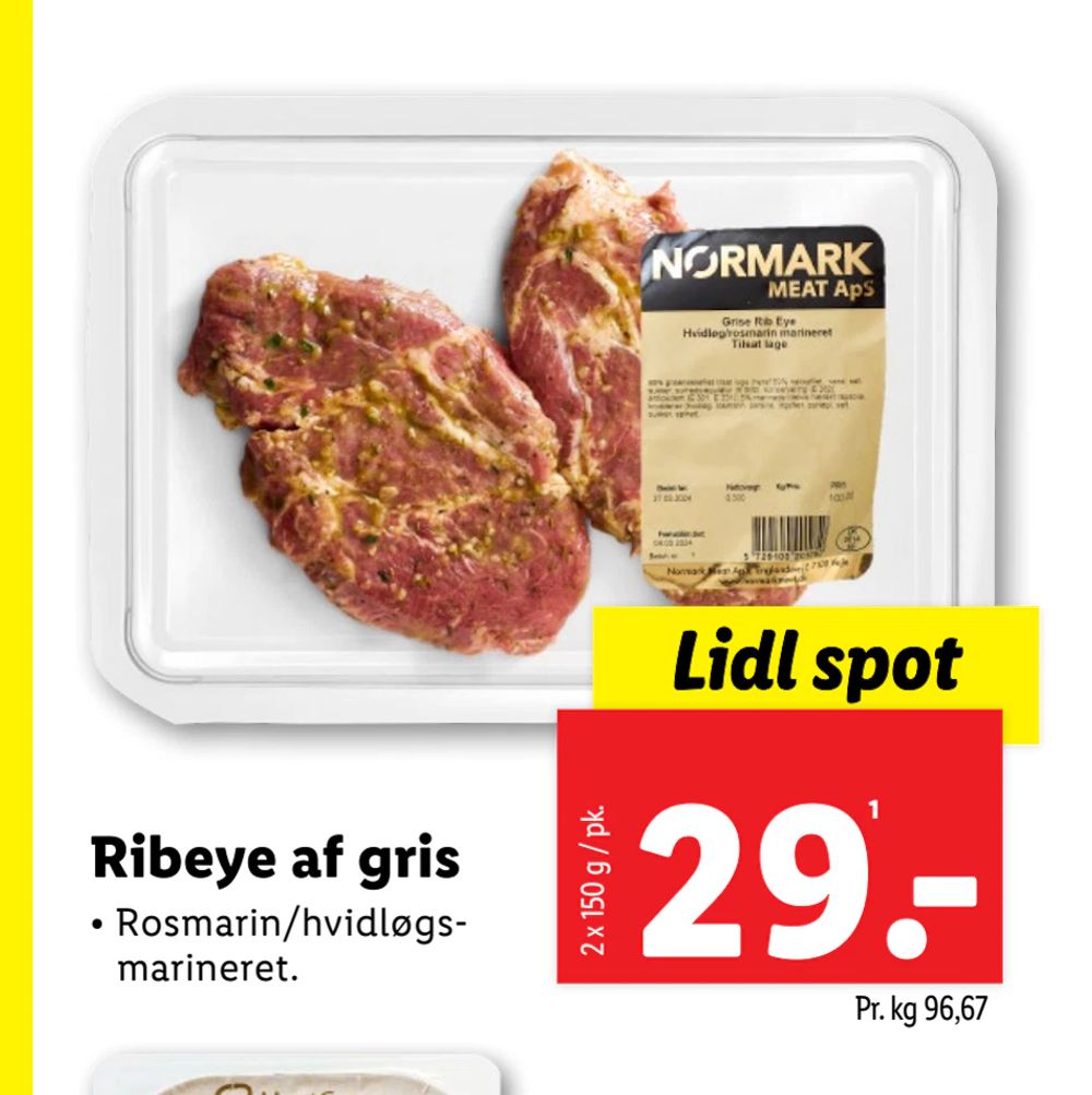 Tilbud på Ribeye af gris fra Lidl til 29 kr.
