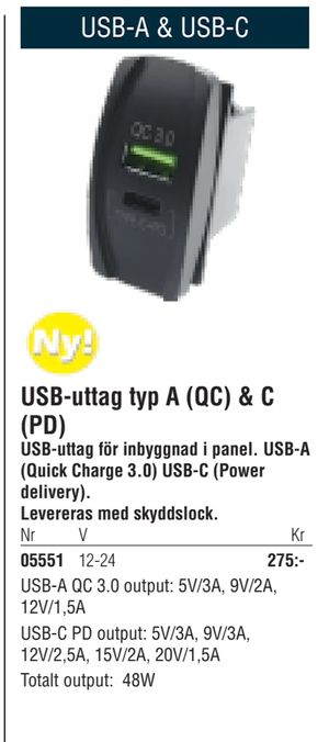 USB-uttag typ A (QC) & C (PD)