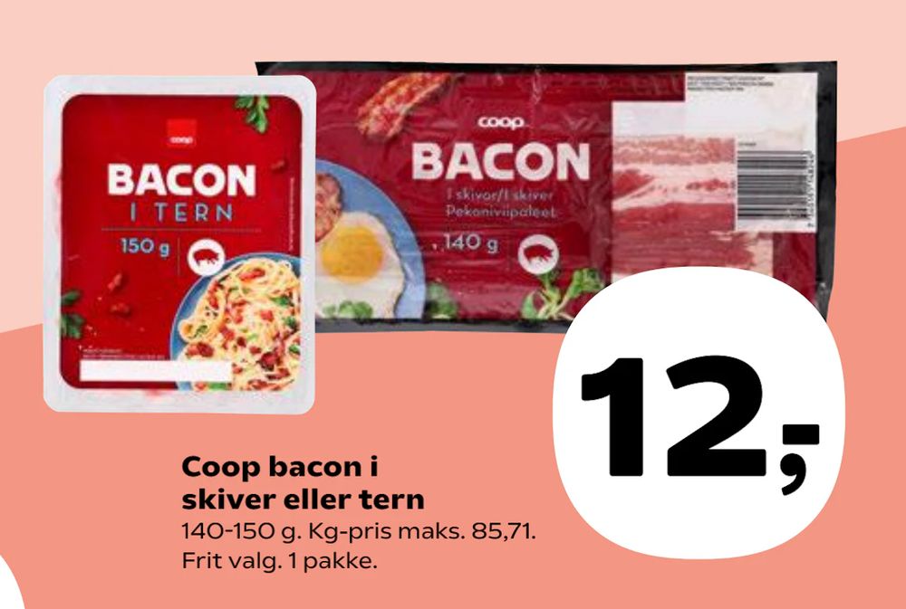 Tilbud på Coop bacon i skiver eller tern fra Kvickly til 12 kr.