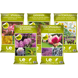 LEAF JORD, gødet sphagnum, planteskolejord, RHODODENDRON BLANDING eller Dækbark (Leaf)