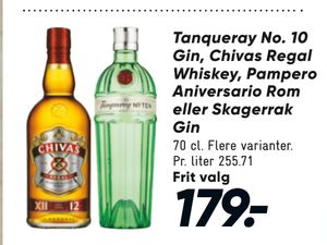 Tanqueray No. 10 Gin, Chivas Regal Whiskey, Pampero Aniversario Rom eller Skagerrak Gin
