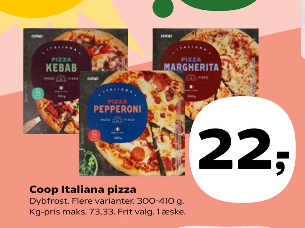 Tilbud på Coop Italiana pizza fra Kvickly til 22 kr.