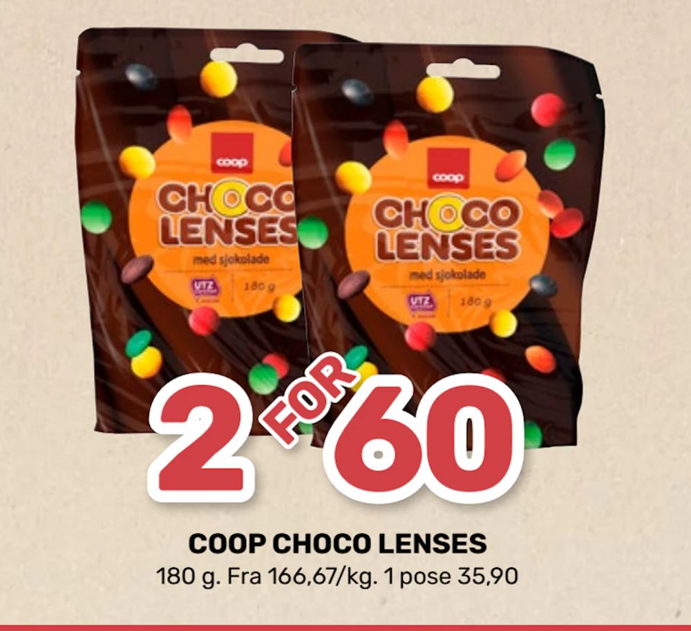Tilbud på COOP CHOCO LENSES fra Coop Marked til 60 kr