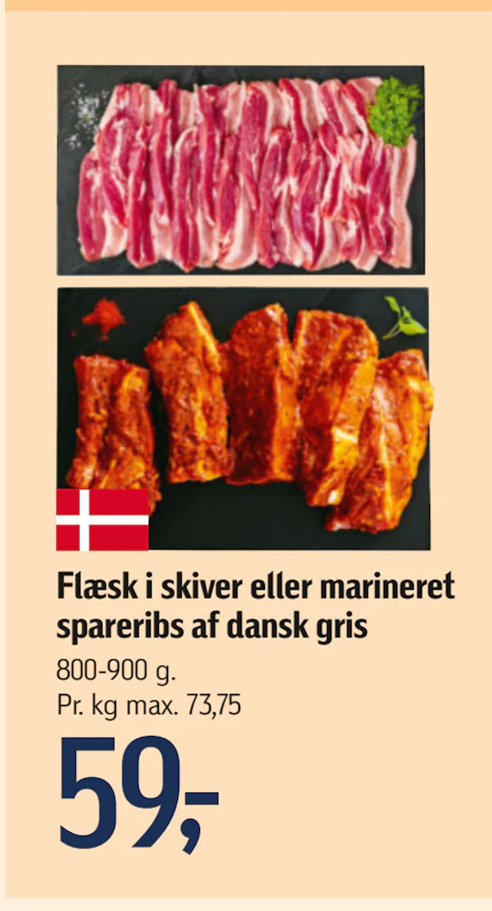 Tilbud på Flæsk i skiver eller marineret spareribs af dansk gris fra føtex til 59 kr.