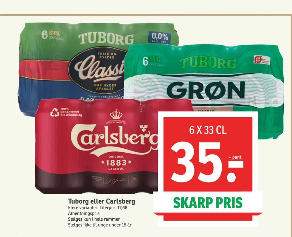 Tilbud på Tuborg eller Carlsberg fra SPAR til 35 kr.