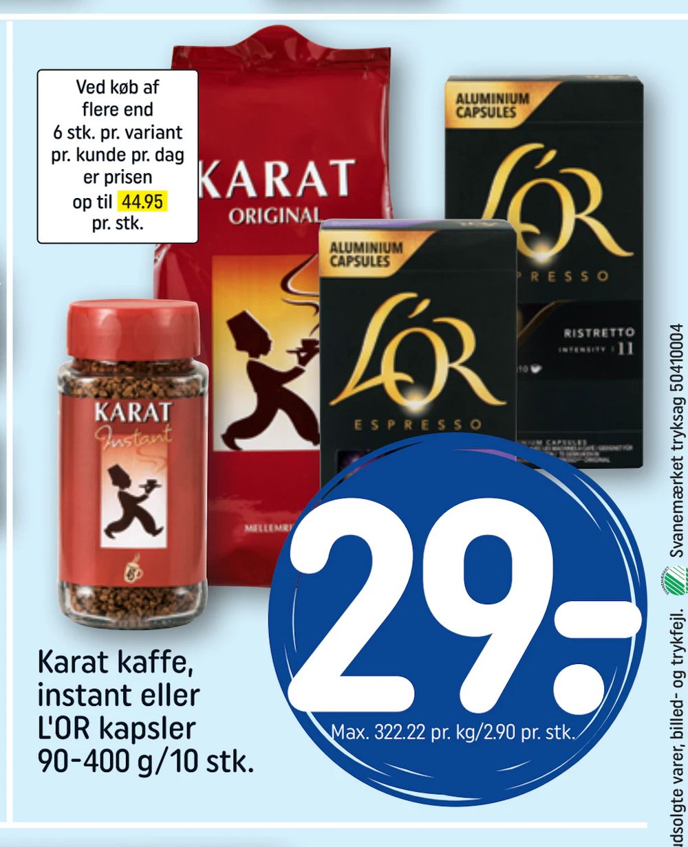 Tilbud på Karat kaffe, instant eller L'OR kapsler 90-400 g/10 stk. fra REMA 1000 til 29 kr.
