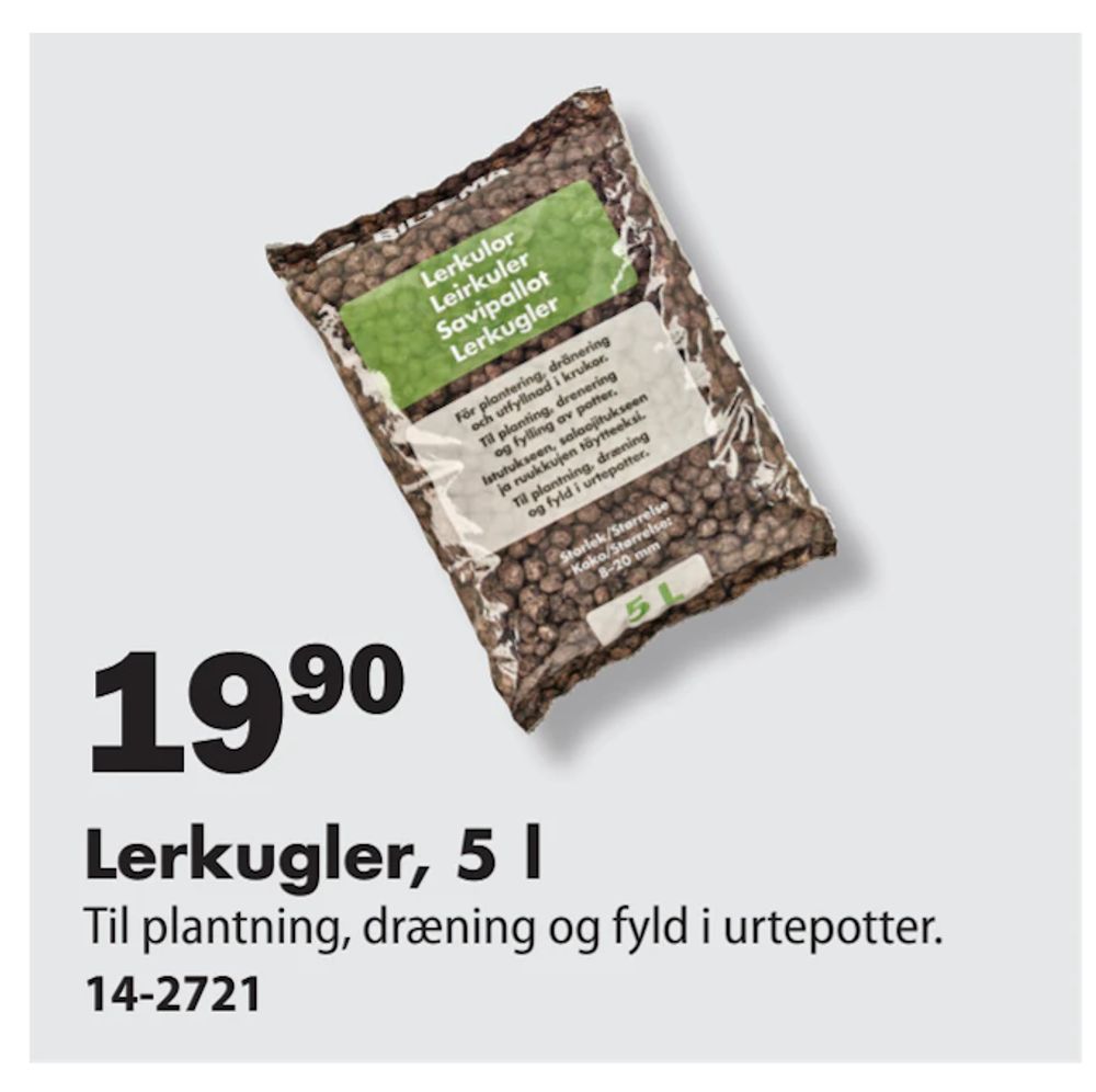 Tilbud på Lerkugler, 5 l fra Biltema til 19,90 kr.
