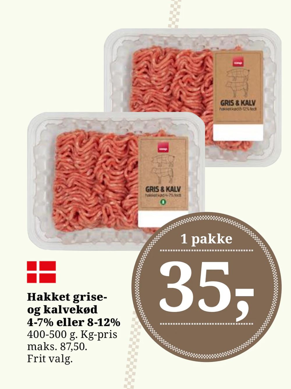 Tilbud på Hakket grise- og kalvekød 4-7% eller 8-12% fra Dagli'Brugsen til 35 kr.