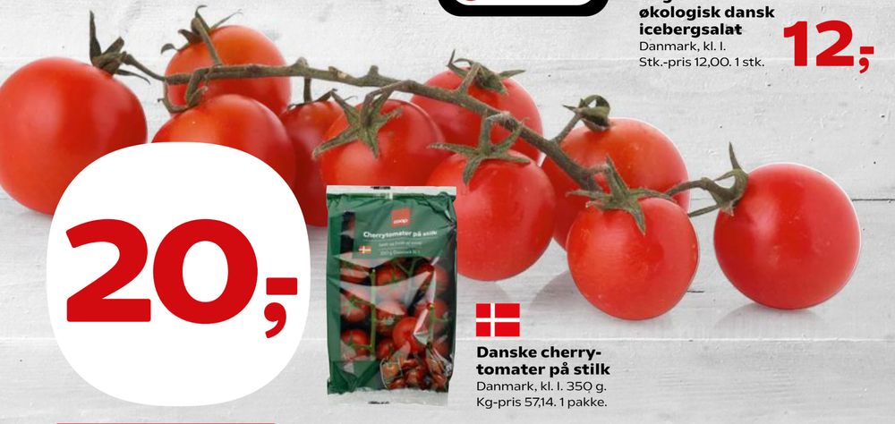 Tilbud på Danske cherrytomater på stilk fra SuperBrugsen til 20 kr.