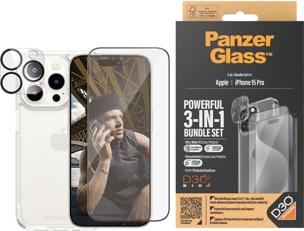 Tilbud på PanzerGlass™ | 3-i-1 Protection Pack | Apple iPhone 15 Pro fra ComputerSalg til 348 kr.