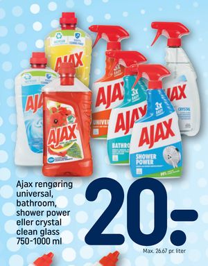 Ajax rengøring universal, bathroom, shower power eller crystal clean glass 750-1000 ml