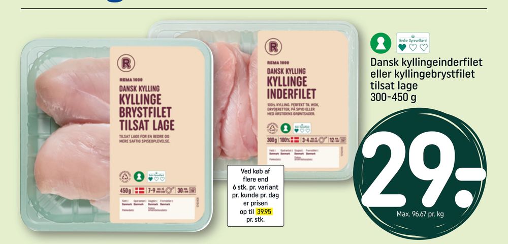 Tilbud på Dansk kyllingeinderfilet eller kyllingebrystfilet tilsat lage 300-450 g fra REMA 1000 til 29 kr.