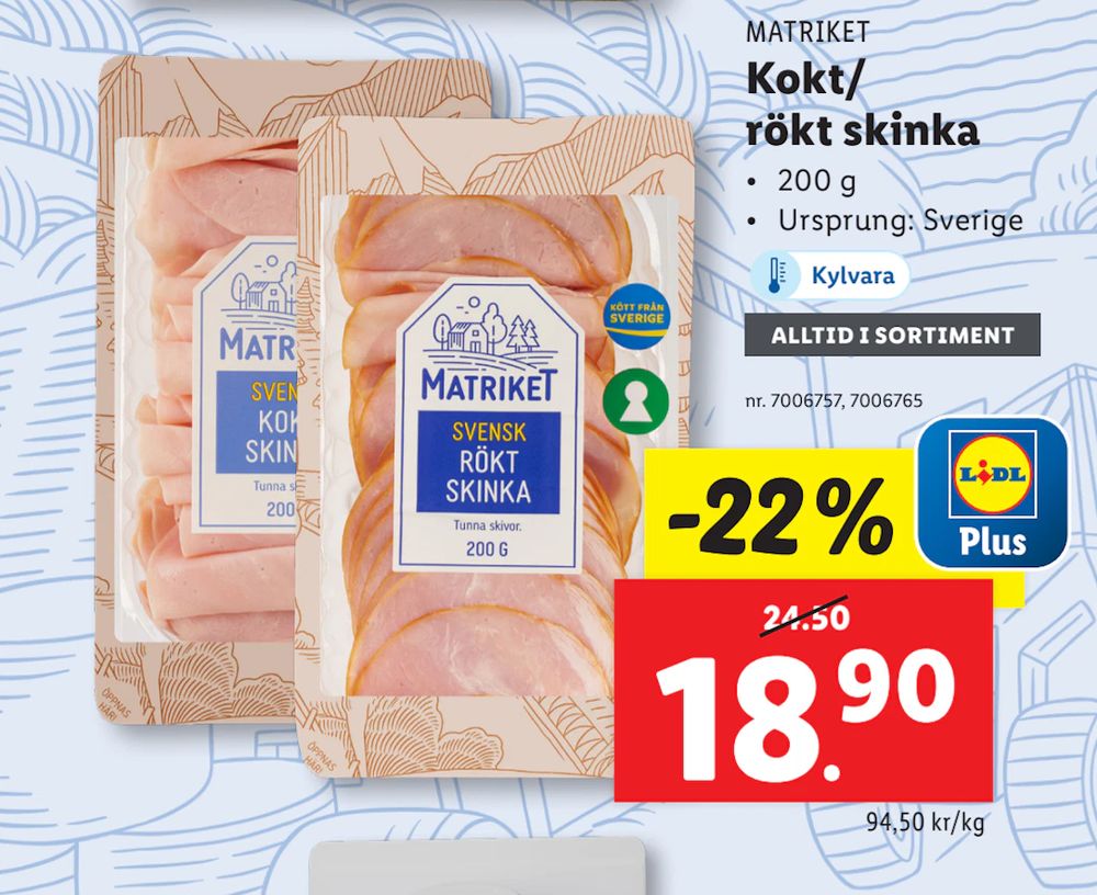 Erbjudanden på Kokt/ rökt skinka från Lidl för 18,90 kr