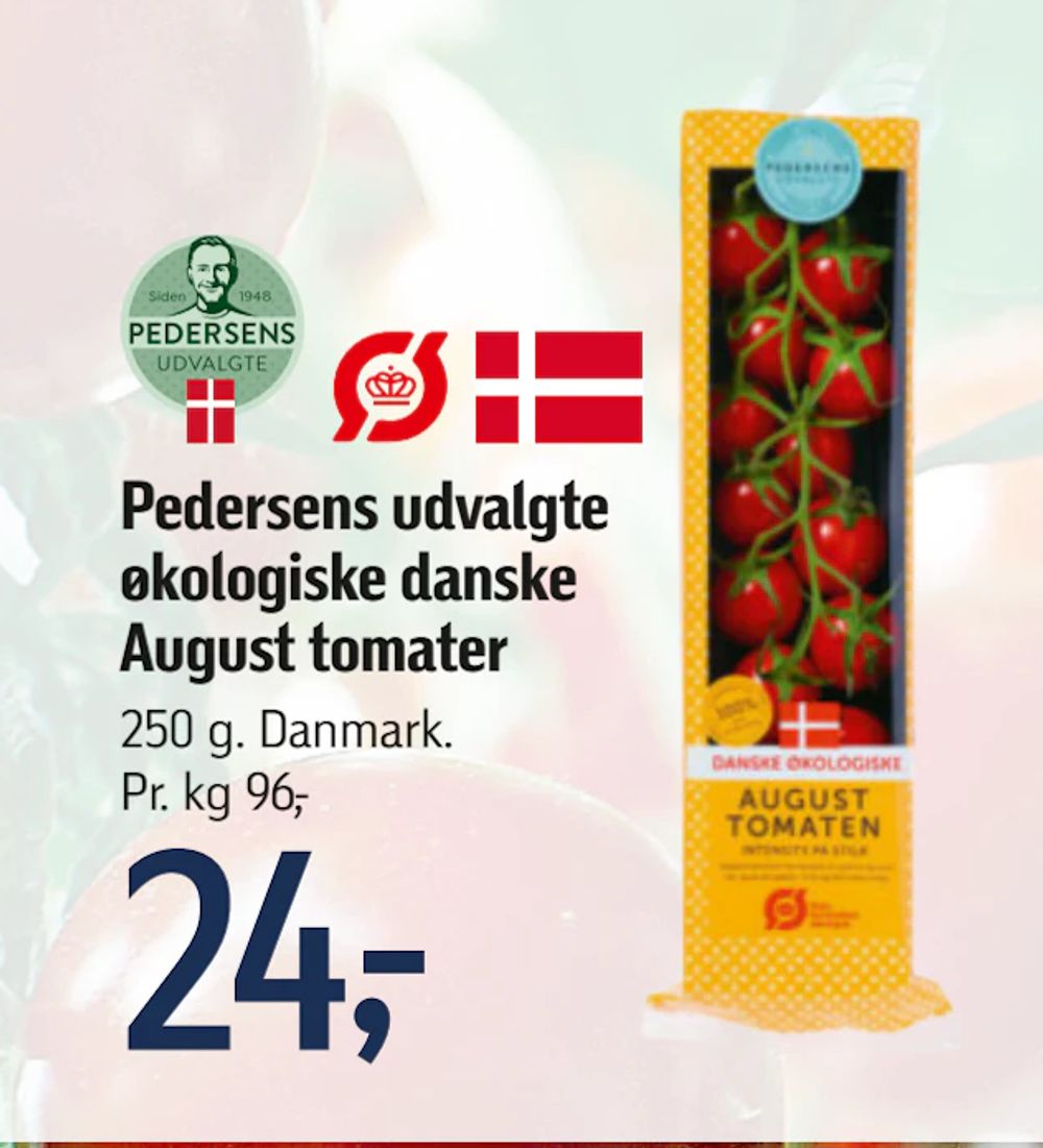 Tilbud på Pedersens udvalgte økologiske danske August tomater fra føtex til 24 kr.