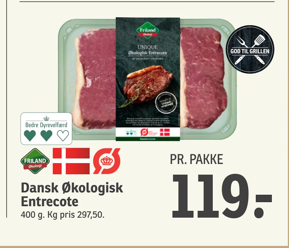 Tilbud på Dansk Økologisk Entrecote fra SPAR til 119 kr.
