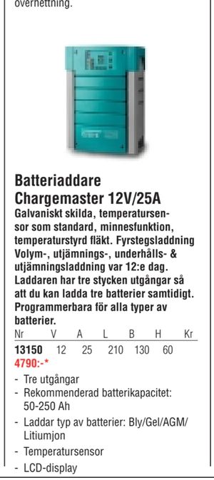 Batteriaddare Chargemaster 12V/25A