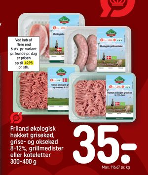 Friland økologisk hakket grisekød, grise- og oksekød 8-12%, grillmedister eller koteletter 300-400 g