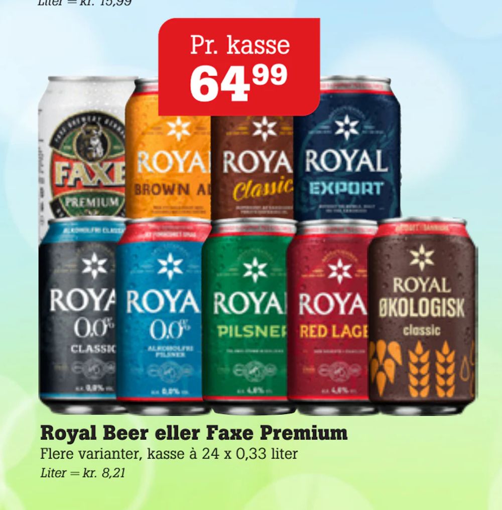 Tilbud på Royal Beer eller Faxe Premium fra Poetzsch Padborg til 64,99 kr.