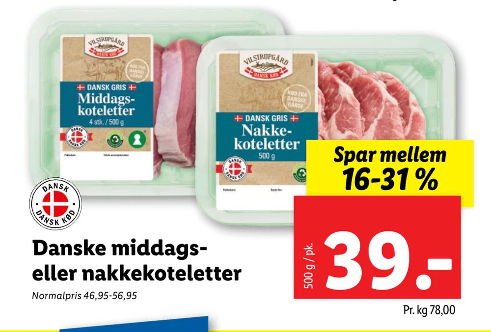 Tilbud på Danske middags- eller nakkekoteletter fra Lidl til 39 kr.