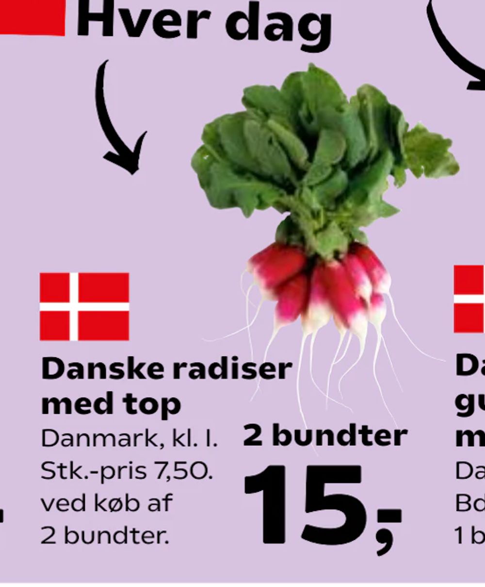 Tilbud på Danske radiser med top fra Kvickly til 15 kr.