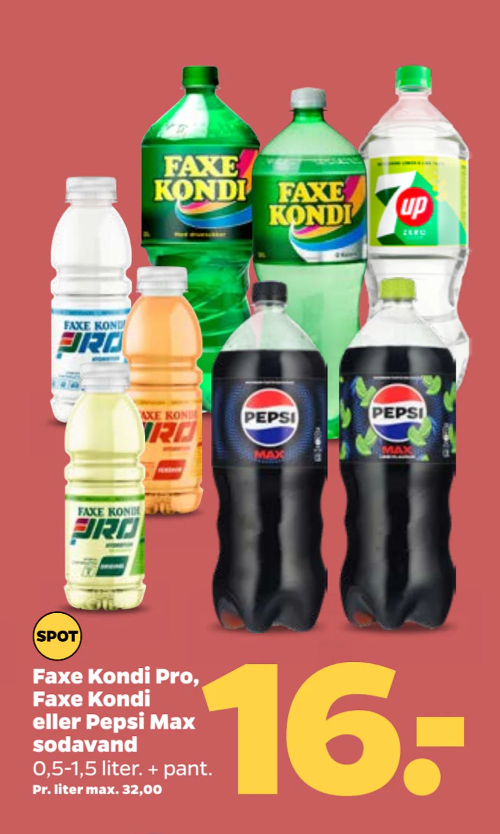 Tilbud på Faxe Kondi Pro, Faxe Kondi eller Pepsi Max sodavand fra Netto til 16 kr.