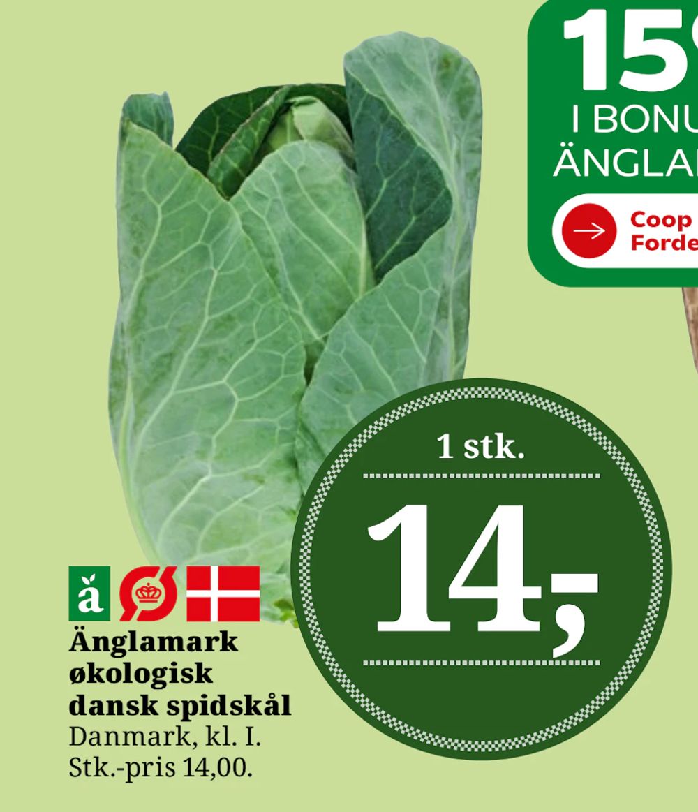Tilbud på Änglamark økologisk dansk spidskål fra Brugsen til 14 kr.