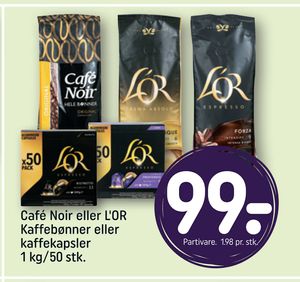 Café Noir eller L'OR Kaffebønner eller kaffekapsler 1 kg/50 stk.