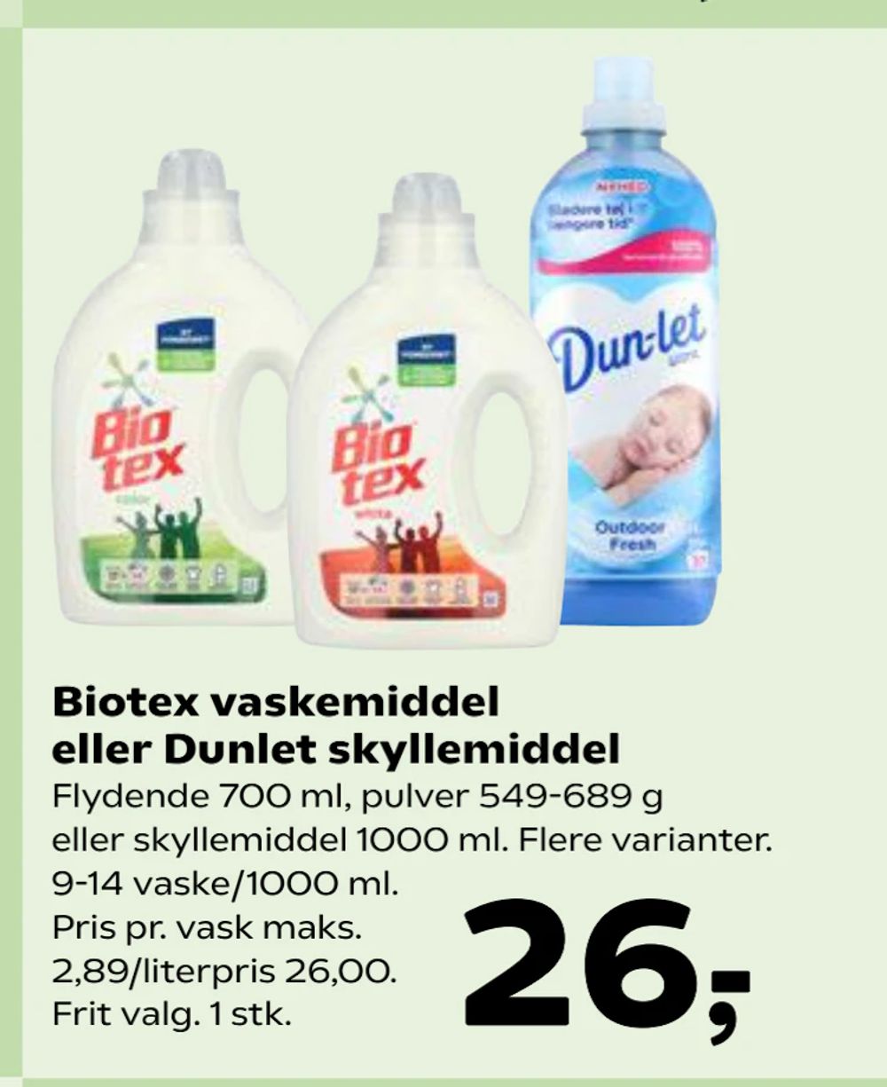 Tilbud på Biotex vaskemiddel eller Dunlet skyllemiddel fra SuperBrugsen til 26 kr.