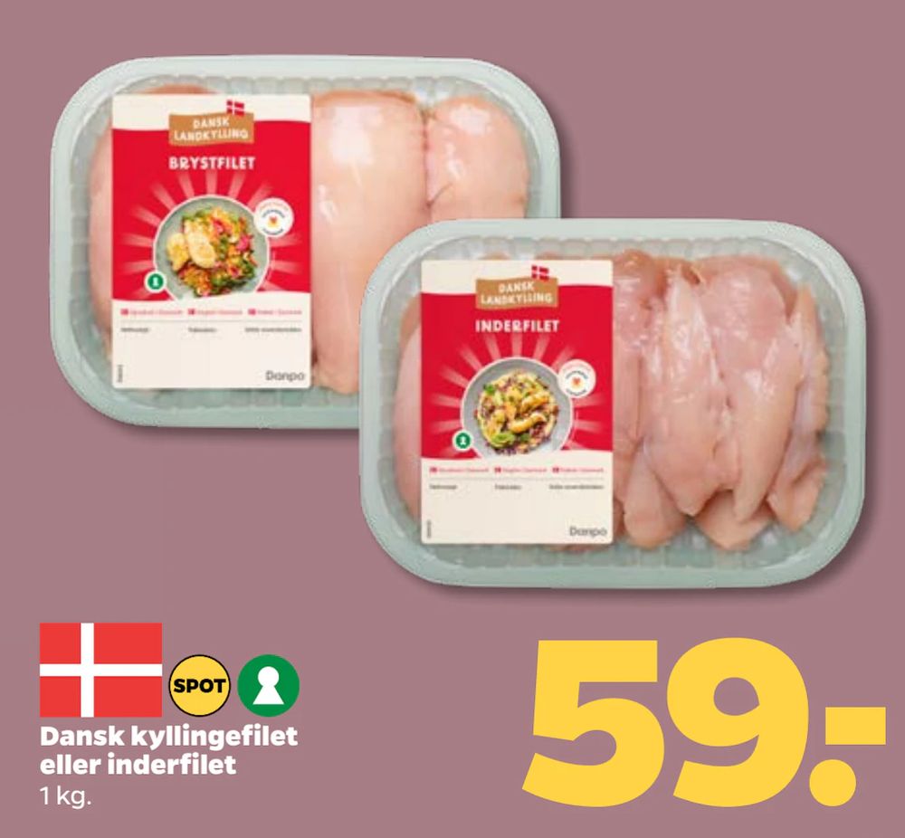 Tilbud på Dansk kyllingefilet eller inderfilet fra Netto til 59 kr.