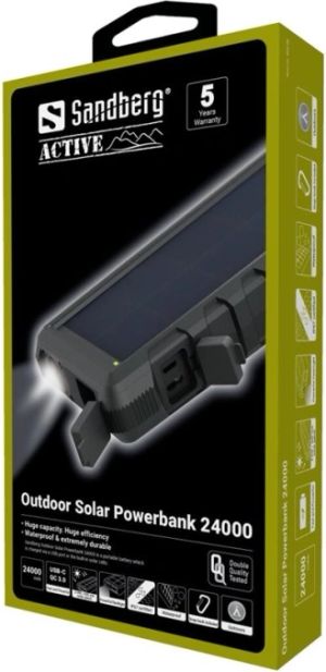 Sandberg Active Solar Powerbank 24000 - Solarstrømbank Li-Ion 24000 mAh - 3 A - Quick Charge 3.0 - 3 output-stikforbindelser (USB, USB-C) - på kabel: