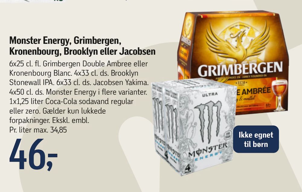 Tilbud på Monster Energy, Grimbergen, Kronenbourg, Brooklyn eller Jacobsen fra føtex til 46 kr.